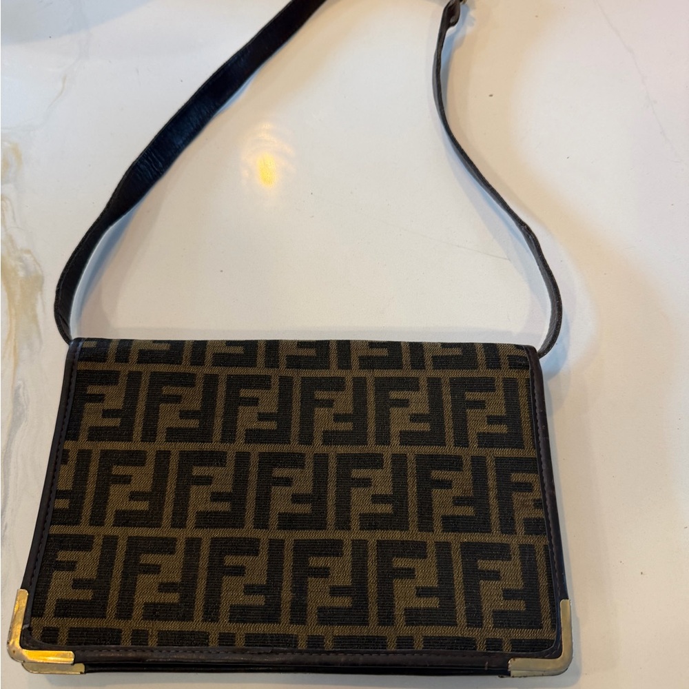Fendi Brown Leather Logo Interior with Gold Stamp